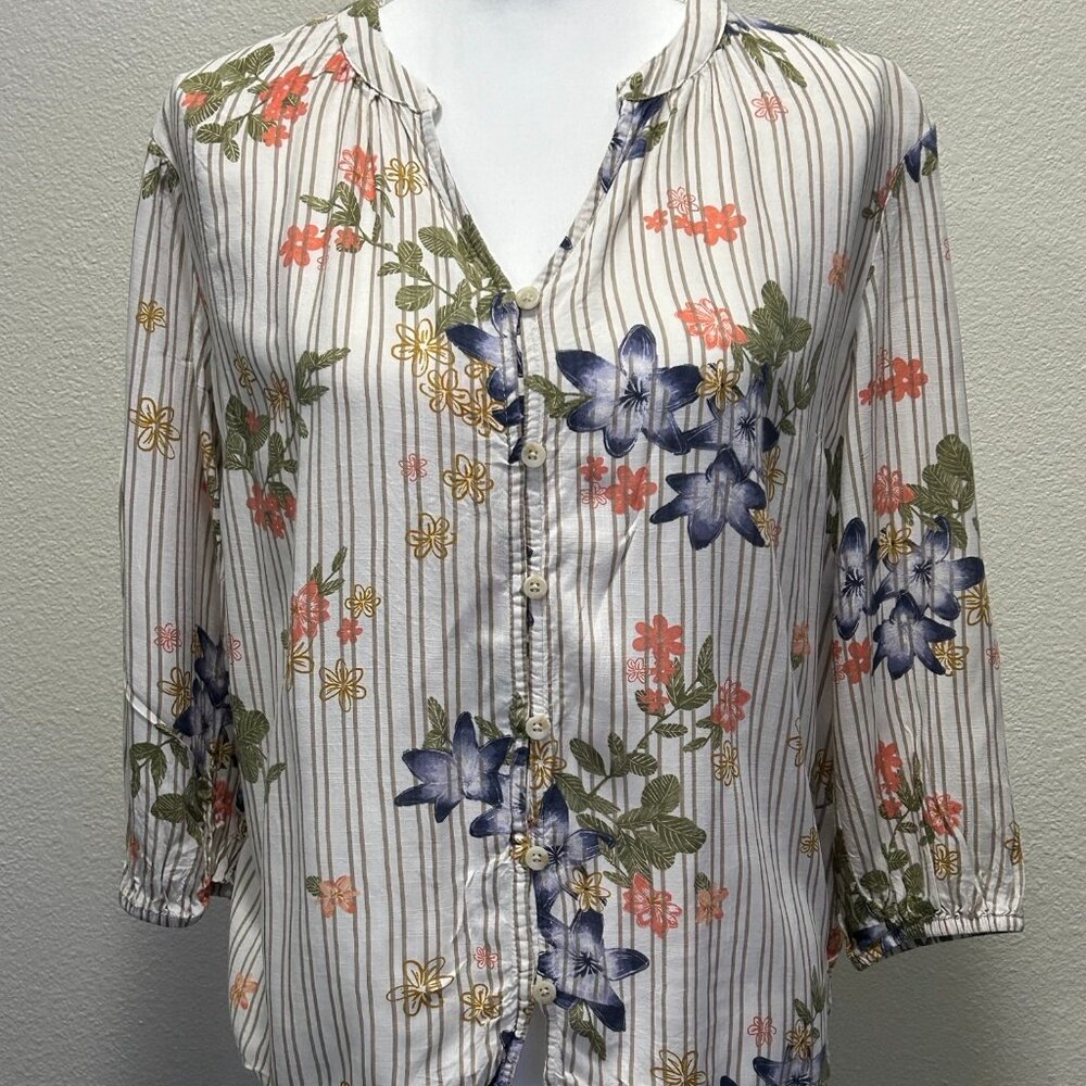 Sonoma striped and floral button down blouse, tan multi, 3/4 sleeves, medium